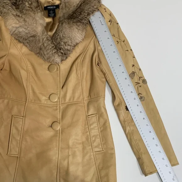Vintage Arden B | Y2K Penny Lane Tan Leather Coat Fur Collar Embroidered | Sz S - Picture 10 of 13